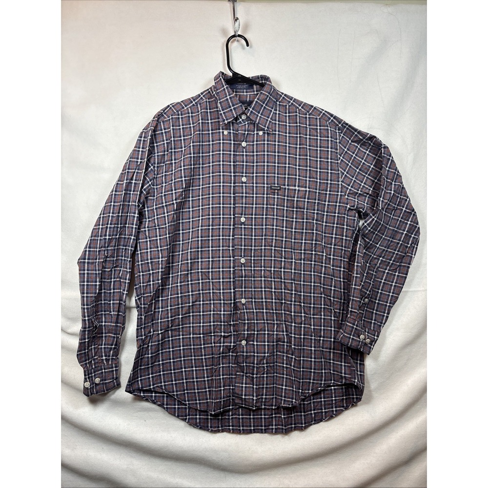 Faconnable Button Down Shirt Mens M Navy Orange Plaid Long Sleeve USA‎